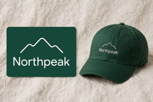 A minimal logo for a hiking brand called 'Northpeak': a single-line mountain mark above a geometric sans-serif wordmark, white on deep forest green, with a small version embroidered on a cap beside it. Clean brand presentation.