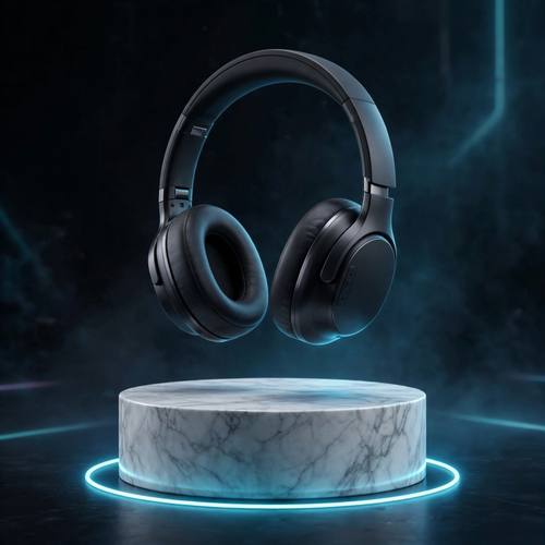 Sleek wireless headphones floating above a marble pedestal with soft neon rim light, high-end product render