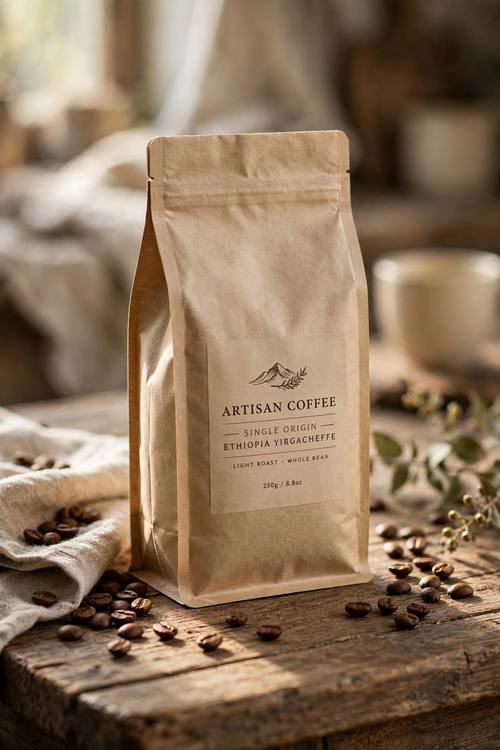 Artisan coffee bag standing on a rustic wooden table with scattered beans and warm morning light, cozy product photography