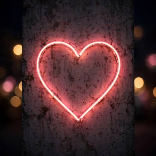 Neon heart outline glowing warm pink on a concrete wall, subtle flicker, romantic night ambiance, soft bokeh