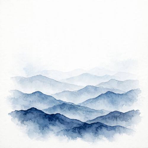 Minimal watercolor mountain range, layered blue and indigo washes, misty gradients, lots of empty white space, serene
