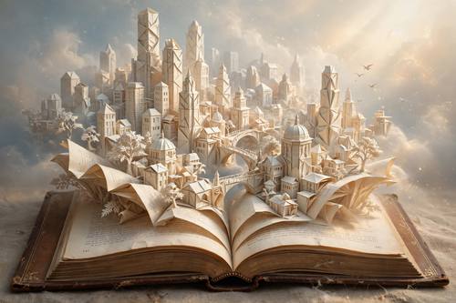 A city skyline growing out of an open book, buildings made of paper, soft dreamy lighting, surreal concept art