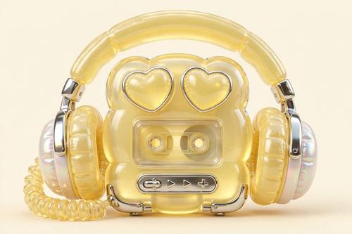 A tiny cassette player with puffy heart buttons and chunky headphones. Butter-yellow jelly body, chrome details, soft cream backdrop. Y2K kitsch 3D render: translucent jelly-like pastel resin with a soft inner glow, polished chrome and pearlescent accents, puffy inflated details, crisp specular highlights under soft top light, one soft tinted contact shadow, flat seamless backdrop, centered near-frontal view.