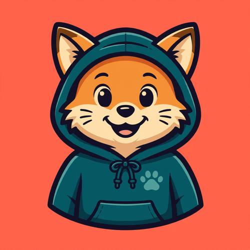 Friendly fox mascot wearing a hoodie, flat vector illustration, bold outlines, cheerful expression, simple brand character on a solid background