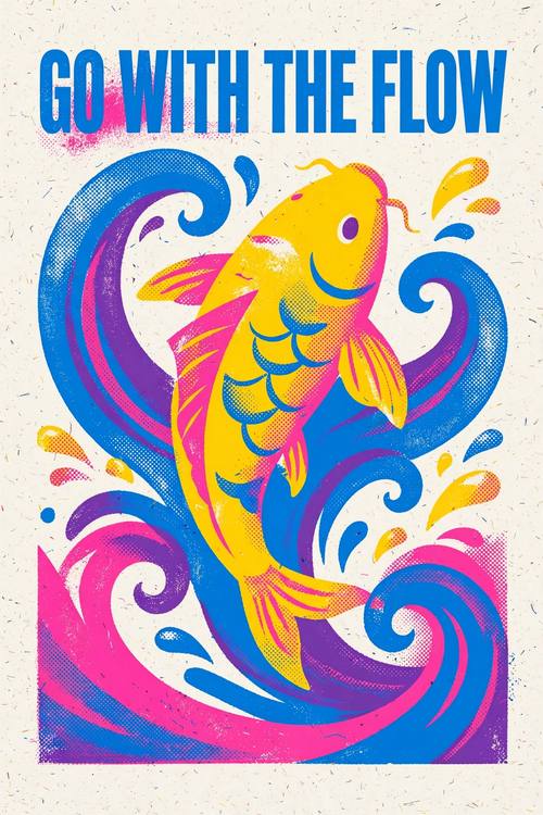 A poster of a koi fish leaping through a few big curling waves, drawn in simple bold flat shapes with little detail, the bold condensed headline 'GO WITH THE FLOW' across the top. Centered, the fish filling most of the page. Fluorescent pink and bright blue overlapping into purple, touches of yellow. Joyful and energetic. Risograph print: two or three flat spot inks (fluorescent pink, bright blue and sunflower yellow) that overprint into new colors where they overlap, each ink printed slightly off-register, coarse halftone dots and stippled grain, uneven ink coverage, uncoated off-white paper texture. Flat printed matter, no 3D, no photorealism.
