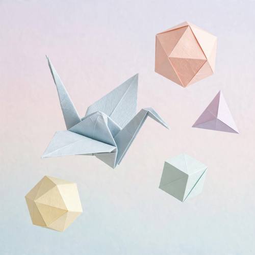 Origami crane and geometric paper shapes floating, folded paper texture, pastel gradient background, clean and minimal