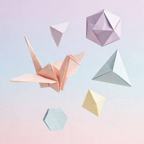 Origami crane and geometric paper shapes floating, folded paper texture, pastel gradient background, clean and minimal