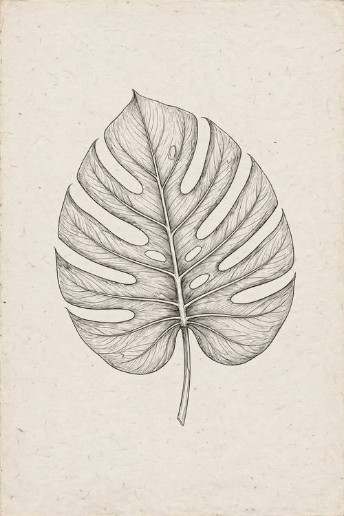 Fine line botanical drawing of a monstera leaf, delicate black ink on paper, minimal elegant illustration