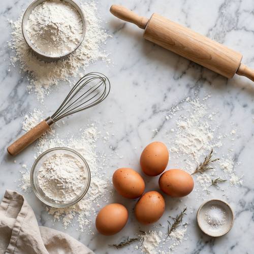 Top-down flat lay of baking ingredients, flour, eggs, whisk and rolling pin on a marble counter, bright airy kitchen light