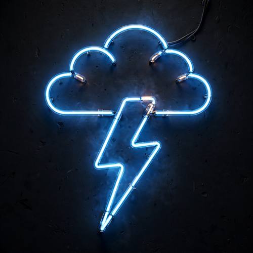 Electric blue neon lightning bolt and cloud sign on a matte black wall, buzzing tube realism, moody glow
