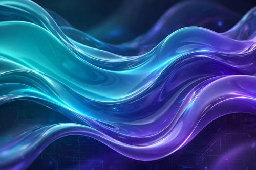 Flowing liquid gradient waves in teal, blue and violet, glossy and smooth, abstract tech hero background