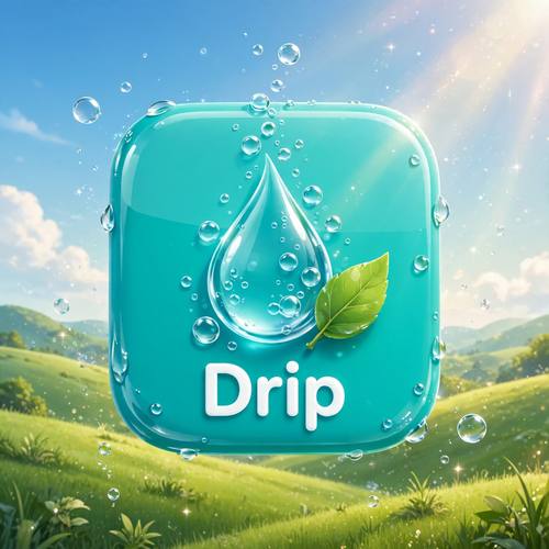 A glossy aqua app icon for a water-tracker app called 'Drip': a shiny droplet on a rounded square, bubbles rising, a green leaf, the name below in rounded sans. Straight on, centered on a sky gradient. Aqua, lime green and white. Clean and cheerful. Frutiger Aero digital art: glossy mid-2000s computer graphics, bright sky blue and grass green with clean white, glossy aqua bubble buttons, clear water droplets and floating bubbles, soft lens flares and light rays, lush green hills and clear blue sky meeting sleek tech, a friendly rounded sans-serif. Fresh, optimistic and glossy.