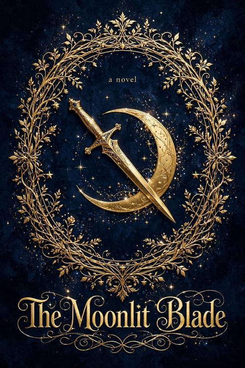 A cover for 'The Moonlit Blade': a gold dagger crossing a crescent moon inside a frame of vines and stars, the flourished title at the bottom and 'a novel' above. Straight on. Midnight blue and gold. Mysterious. Romantasy book cover: a deep jewel background in oxblood, emerald or midnight blue, one central gold-foil emblem (a crown, a dagger, a moon or wings) inside a filigree and vine frame, a flourished display serif title, the small words 'a novel', sparkle particles, foil that shines like real metal. Dramatic and romantic; invented titles only.