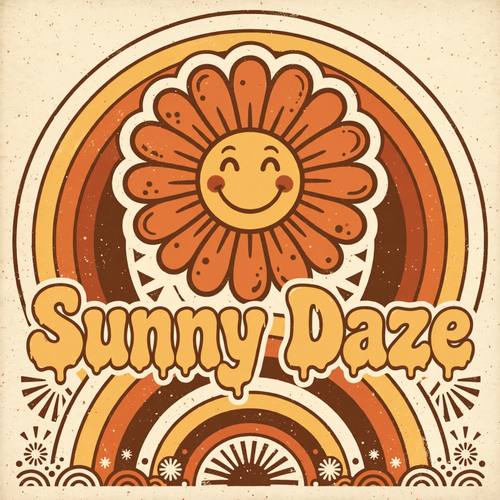 A square record sleeve for a band called 'Sunny Daze': the name in fat melting bubble letters across the middle, concentric rainbow stripes bending around a big smiling daisy. Flat, straight on, filling the square. Burnt orange, mustard, rust and cream. Warm and laid-back. Groovy 1970s graphic: wavy, melting, rounded bubble lettering with thick soft curves, concentric rainbow stripes, arches and sunbursts in warm orange, mustard, chocolate brown and cream, flat screen-printed color with slightly faded ink and a light paper grain, smooth flowing shapes. Flat print, no gradients, no 3D, no photorealism.