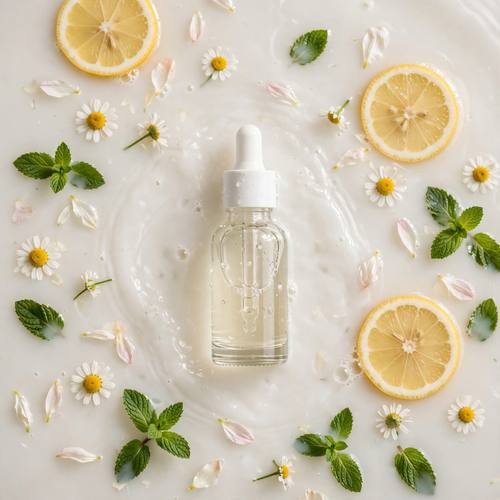 A glass serum bottle floating in milky water with chamomile flowers, lemon slices and mint leaves around it. Directly overhead, centered. White, yellow and green. Fresh and clean. Milk bath photo: shot from directly overhead into milky white water, floating pastel flower petals, fruit slices and leaves around the subject, soft diffused daylight, gentle ripples, creamy white negative space for any words. Soft, fresh and dreamy.