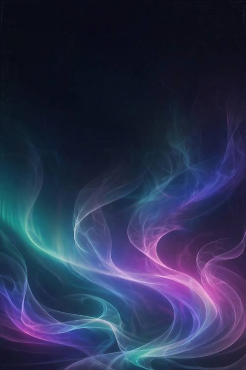 A phone wallpaper of aurora ribbons curling up from the bottom of the screen and fading into dark sky, the top third left empty for the clock, no text. Vertical, soft and sweeping. Violet, teal and magenta on near-black. Quiet and magical. Aurora gradient art: soft glowing mesh gradients of violet, teal, magenta and deep blue flowing like northern lights across a near-black background, smooth luminous color with no hard edges, a faint fine grain, any text small, crisp, white and sans-serif, lots of breathing space. Digital, calm and glowing.