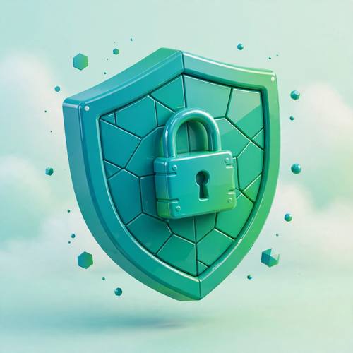Isometric 3D security shield and lock, teal and green gradients, glossy plastic material, floating on a soft background