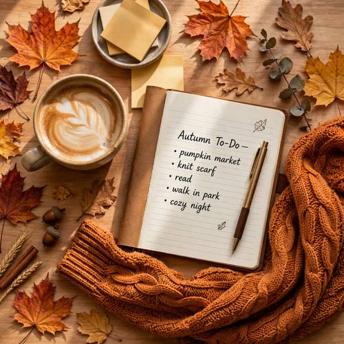 Top-down flat lay of a cozy autumn desk, coffee, notebook, knit scarf and fallen leaves, warm natural light, neatly arranged