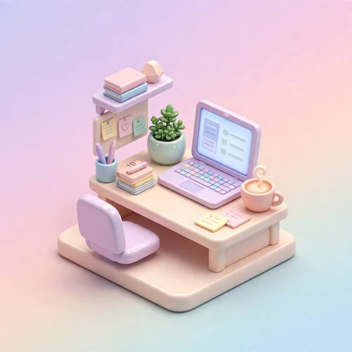 Isometric 3D miniature office workspace with a desk, laptop and plant, pastel gradient palette, soft studio lighting, glossy render