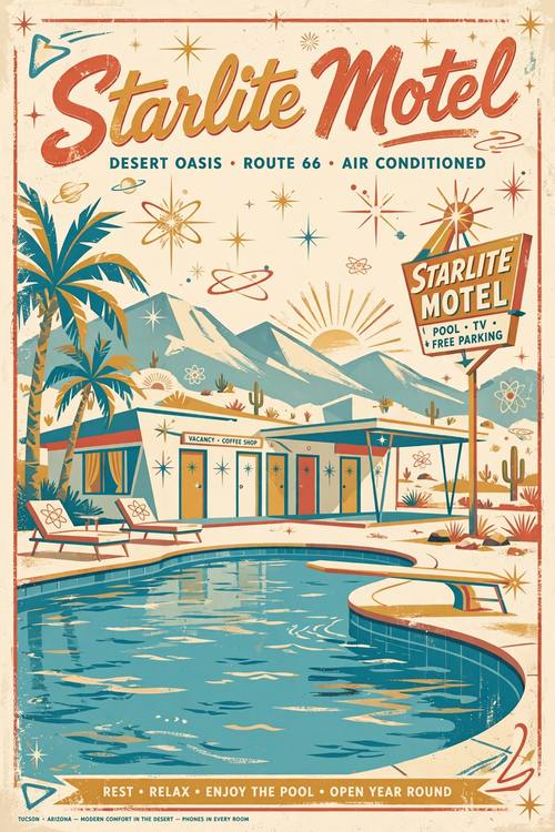 A travel poster for a desert motel called 'Starlite Motel': a kidney-shaped pool with a diving board, two palm trees and a tall roadside sign, atomic starbursts in the evening sky, the name in bouncy script. Low view across the pool. Turquoise, coral, mustard and cream. Sunny and nostalgic. Mid-century modern illustration: 1950s atomic-age shapes such as starbursts, boomerangs, kidney shapes and thin-legged furniture, flat colors with a slightly dry brush texture and a soft offset-print look, teal, mustard, coral and cream, simple stylized figures and objects, a bouncy 1950s script paired with a small clean sans-serif. Retro print, no 3D, no photorealism.