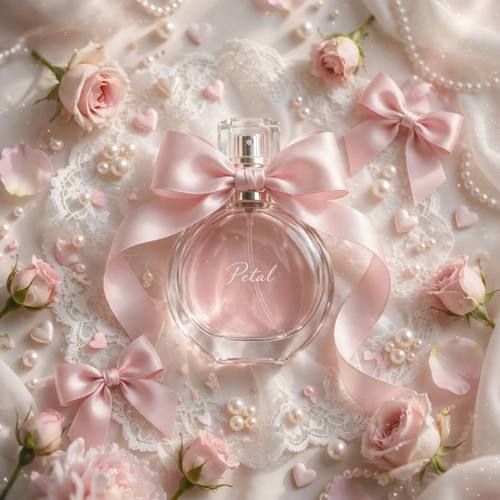 A round perfume bottle for a brand called 'Petal' with a big pink ribbon bow on its neck, resting on white lace among pearls and rosebuds. Overhead view, centered. Pink, ivory and pearl. Dreamy and delicate. Coquette aesthetic photo: soft pink, blush and cream tones, satin ribbons tied in bows, delicate lace, pearls and tiny hearts, a thin delicate script for any words, dreamy soft-focus natural light with a gentle glow, styled like a pretty still life. Romantic and girly, nothing harsh or dark.
