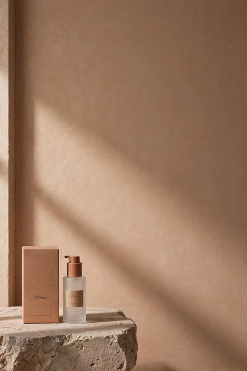 A skincare box and a frosted glass bottle for a brand called 'Ossa', standing on a stone plinth against a warm sand-colored wall. Eye-level product shot, the pair slightly off-center with wide empty space. Terracotta, sand and stone. Serene and understated. Quiet-luxury product photo: a muted earthy palette of terracotta, sand, clay and stone, an elegant high-contrast serif wordmark set small, generous empty space, matte uncoated paper and ceramic textures, soft directional window light with long gentle shadows, nothing loud and no clutter. Calm, refined, editorial.