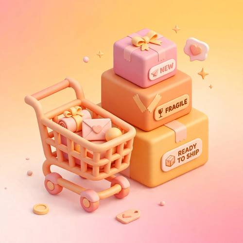 Isometric 3D shopping cart and boxes for an e-commerce app, warm gradient colors, rounded shapes, soft render