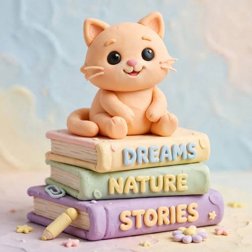 Clay-render cartoon cat sitting on a stack of books, matte plasticine material, chunky rounded shapes, cheerful pastel palette