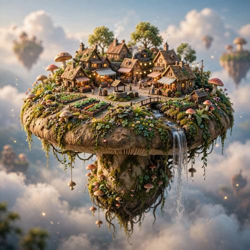 Tiny tilt-shift world of a bustling village built on a floating mushroom island, miniature diorama, soft focus, magical