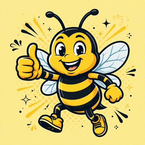 Energetic bee mascot giving a thumbs up, vector cartoon style, yellow and black, bold and friendly