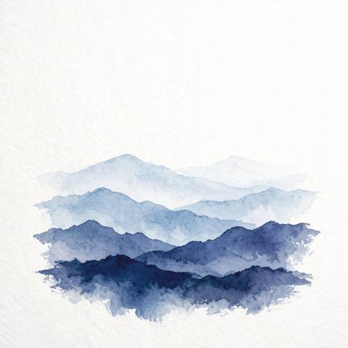 Minimal watercolor mountain range, layered blue and indigo washes, misty gradients, lots of empty white space, serene
