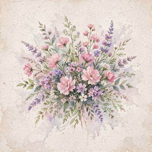 Delicate watercolor bouquet of wildflowers, soft pinks and lavender, loose brushwork, bleeding edges on textured paper