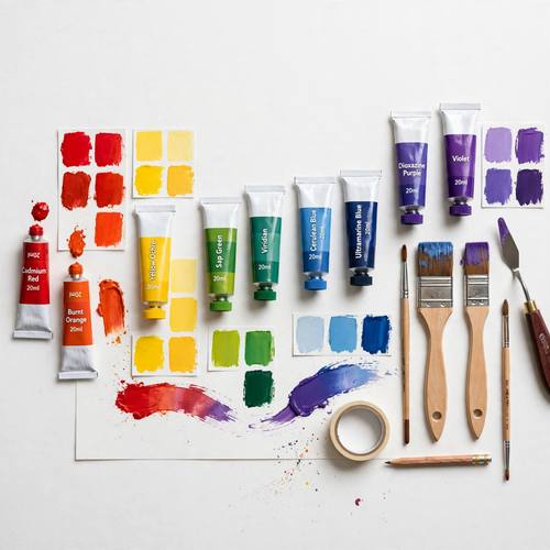 Flat lay of art supplies, paint tubes, brushes and color swatches arranged by hue on white paper, crisp studio light