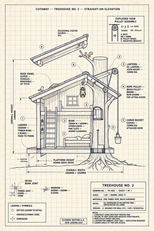 A cutaway drawing of a cozy treehouse: a ladder, a tiny bunk, a rope pulley and a lantern, dimension lines and numbered callouts, a title block reading 'TREEHOUSE NO. 2'. Straight-on elevation. Navy lines on cream. Curious and charming. Blueprint technical drawing: crisp thin outline drawings in only two colors, exploded views, dimension lines, dotted leader lines ending in small dots, numbered callout circles, small monospace capital labels, a strict grid and a title block in the corner, faint paper grain. Precise, no shading, no photorealism.