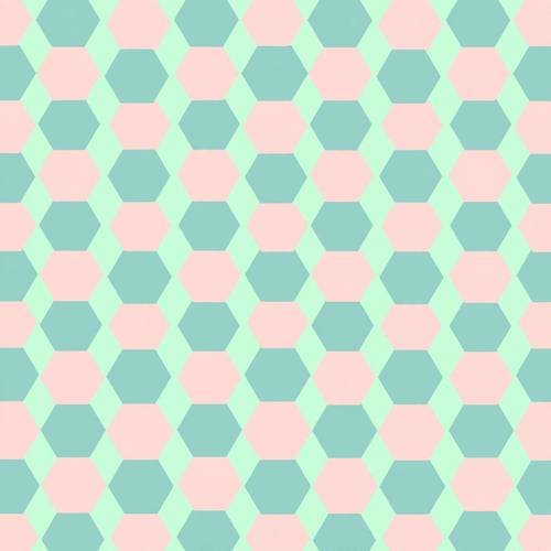 Seamless geometric pattern of interlocking pastel hexagons, flat minimal design, soft mint and blush, tileable background