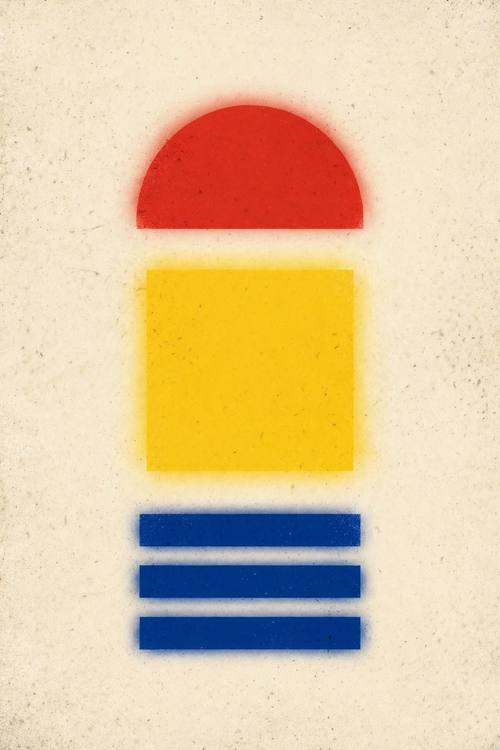 A half circle, a square and three thick stripes in a Bauhaus-inspired balance. Red, yellow and blue on cream. Contemporary graphic poster: bold flat shapes with soft, blurred, glowing edges, heavy grain over everything, generous negative space, centered composition, no text or letters.