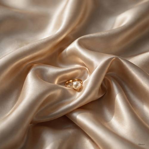 A gold ring with a single pearl resting in a fold of champagne satin, the hairline serif word 'Always' small in the corner. Close, low angle. Champagne, gold and ivory. Romantic. Liquid satin photo: pooled, fluid silk satin with soft glossy folds and long specular highlights, the subject resting on it (not thrown mid-air), champagne, ruby or ink-black satin, soft directional studio light, a hairline high-contrast serif for any words, lots of calm space. Sensual, luxurious and refined.