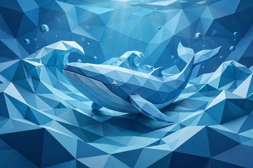 Low poly whale swimming through faceted ocean waves, triangular geometry, gradient blues, modern 3D art