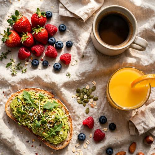 Top-down flat lay of a healthy breakfast, avocado toast, berries, coffee and orange juice on a linen cloth, fresh morning light
