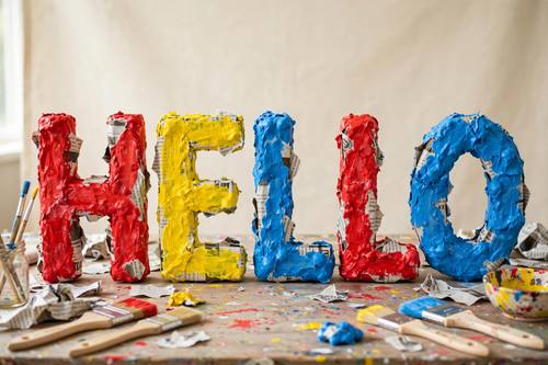 The word 'HELLO' made of lumpy papier-mâché letters painted bright red, yellow and blue, newspaper print peeking through, standing on a craft table with brushes. Eye level. Primary colors on cream. Playful. Papier-mâché sculpture photo: lumpy hand-formed shapes and letters built from torn newspaper strips, visible paper edges and bits of printed text under chalky, brushy poster paint, slightly uneven surfaces, bright playful colors, soft daylight, a plain backdrop. Handmade, crafty and charming.
