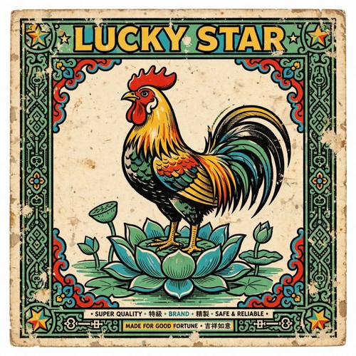 A label featuring a proud rooster standing on a lotus flower, the words 'LUCKY STAR' in bold block letters across the top, small stars in each corner. The label alone, straight on, filling the frame. Tomato red, mustard, jade green and black. Kitsch and cheerful. Vintage Asian matchbox label art: a flat lithograph print in bold saturated red, yellow, green and turquoise, thick outlines, one central illustrated motif inside an ornamental border, small decorative lettering around the edges, colors slightly misaligned, worn paper with faded patches. Kitsch, nostalgic and loud.