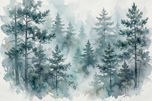 Loose watercolor painting of a foggy pine forest, soft washes of teal and grey, wet-on-wet bleeds, white paper showing through