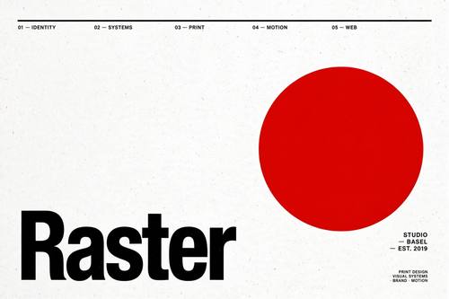 A presentation title slide for a studio called 'Raster': a big red circle off to the right, the word 'Raster' huge in black at the lower left, small numbered captions along a thin rule at the top. Flat, straight on. Red, black and white. Rational and modern. Swiss International Style poster: a strict modular grid, huge tightly spaced black grotesk sans-serif type set flush left, an asymmetric layout with plenty of white space, thin black rules and small numbered details, only red, black and white, flat printed paper with a faint grain. Precise and rational, no illustration clutter, no gradients.