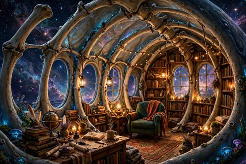 A cozy library inside a giant whale floating through a starry sky, warm glowing windows, dreamlike surreal scene