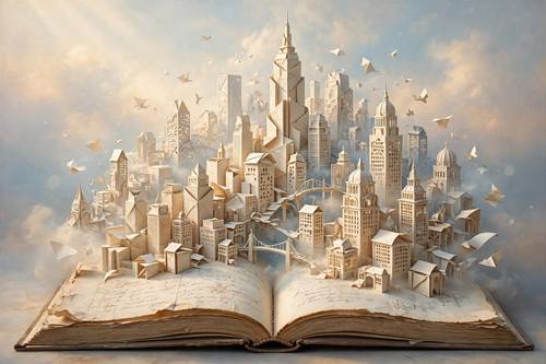 A city skyline growing out of an open book, buildings made of paper, soft dreamy lighting, surreal concept art
