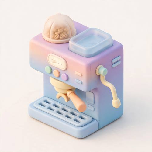 Isometric 3D icon of a coffee machine, soft gradient colors, smooth clay render, subtle shadows, isolated on a light background