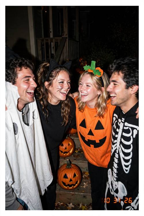 Friends in homemade Halloween costumes laughing on a front porch at night, carved pumpkins on the steps, the date stamp '10 31 26'. Close group shot at eye level. Orange, black and flash-white skin tones. Fun and candid. Direct-flash snapshot: harsh on-camera flash, a bright, slightly overexposed subject against deep dark falloff, hard-edged shadows, glossy highlights, a little motion blur, orange digital date-stamp digits in the bottom-right corner, shown as a print with a white border. Candid and casual, a real 2000s point-and-shoot photo.