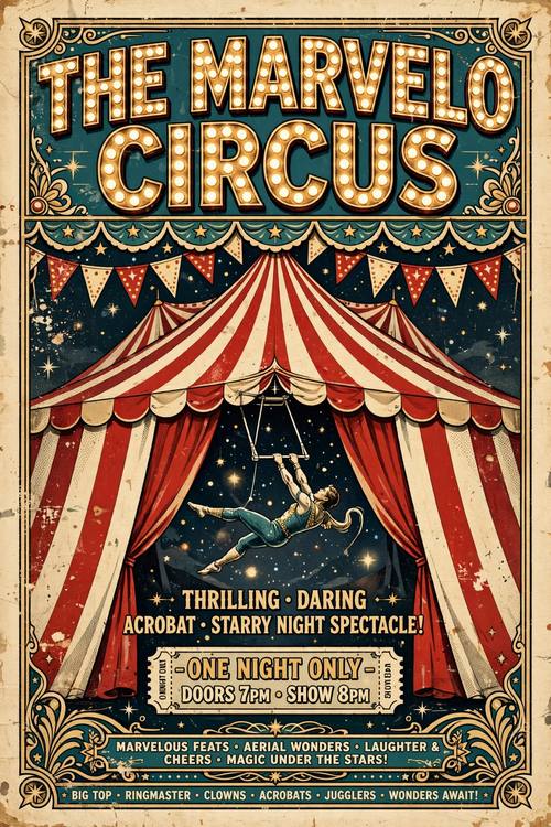 A poster for 'The Marvelo Circus': a big striped tent under a starry sky, an acrobat on a trapeze, the name in marquee bulb letters across the top. Straight on, symmetrical. Red, cream, teal and gold. Thrilling. Vintage circus poster: candy-striped red and cream tents, scalloped bunting, marquee lettering lit by round bulbs, chunky slab-serif wood-type letters, ticket shapes and stars, red, cream, teal and gold, lithograph print texture on aged paper with slight wear. Festive, showy and nostalgic.
