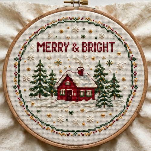 A Christmas sampler: a little red house in the snow, pine trees and snowflakes, the stitched words 'MERRY & BRIGHT' across the top. Flat, straight on, the whole hoop of fabric in frame. Cranberry, forest green and cream. Warm and festive. Cozy cross-stitch embroidery: every shape stitched from tiny X stitches on cream even-weave cotton with a visible fabric grid, thread texture and slight puckering, a simple embroidered border, cream, cranberry red, forest green and mustard thread, photographed flat and close in soft daylight. Handmade, warm and nostalgic.