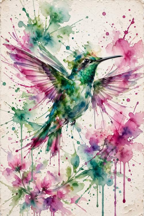 Watercolor portrait of a hummingbird mid-flight, vivid emerald and magenta bleeds, splatters, painterly and light
